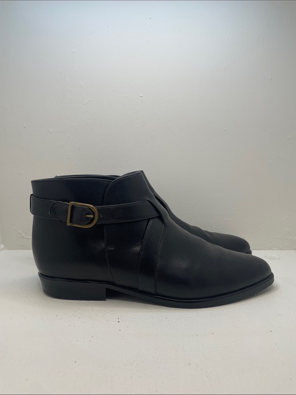 Valerie Stevens Black Leather Ankle Booties with Side Buckle